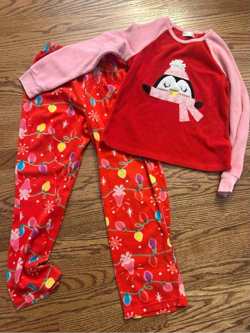 Girls Red and Pink Penguin Fleece Christmas Pajama Set